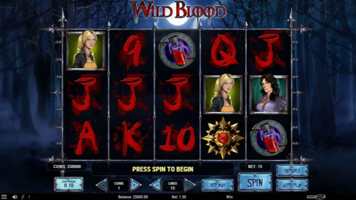 Tampilan visual slot Wild Blood dengan tema gotik dan vampir yang mencekam