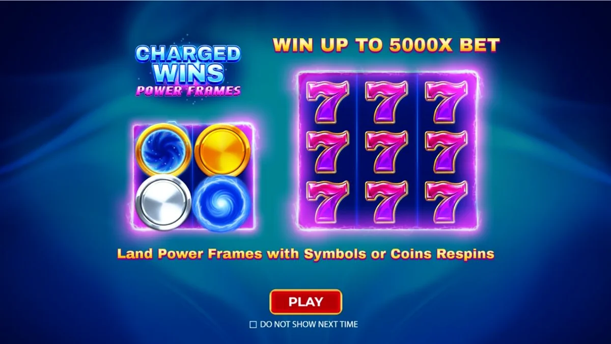 Tampilan visual slot Charged Wins: Power Frames dengan nuansa neon futuristik