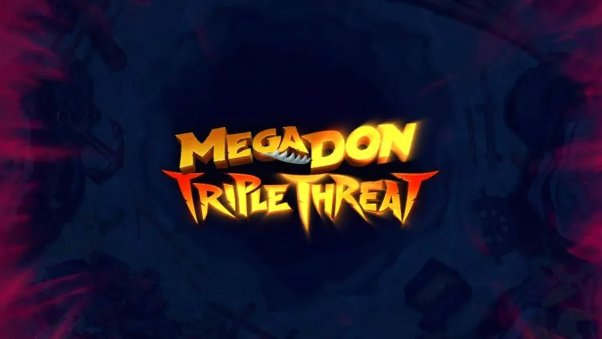 Tampilan visual slot Megadon Triple Threat dengan hiu predator dan latar belakang samudra dalam.